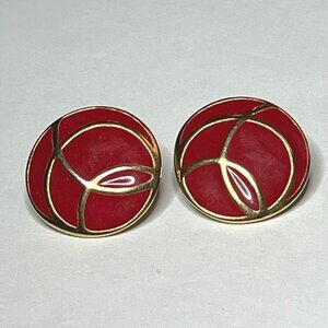 Vintage Monet Lipstick Red Enamel & Gold Swirl Round Clip-On Earrings